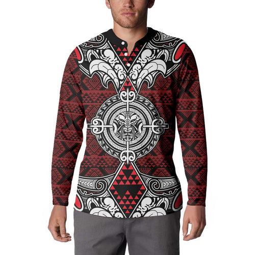 Red Aotearoa Tanilo Motif Button Sweatshirt Vintage Maori New Zealand Tribal Art Pattern