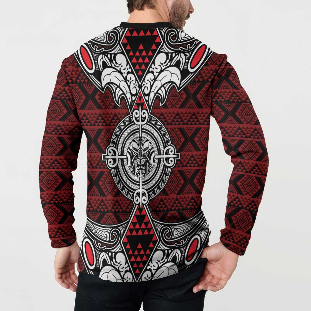 Red Aotearoa Tanilo Motif Button Sweatshirt Vintage Maori New Zealand Tribal Art Pattern
