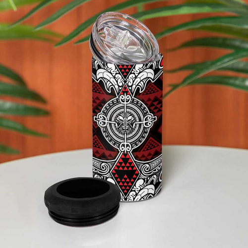 Red Aotearoa Taniko Motif 4 in 1 Can Cooler Tumbler Vintage Maori New Zealand Tribal Art Pattern