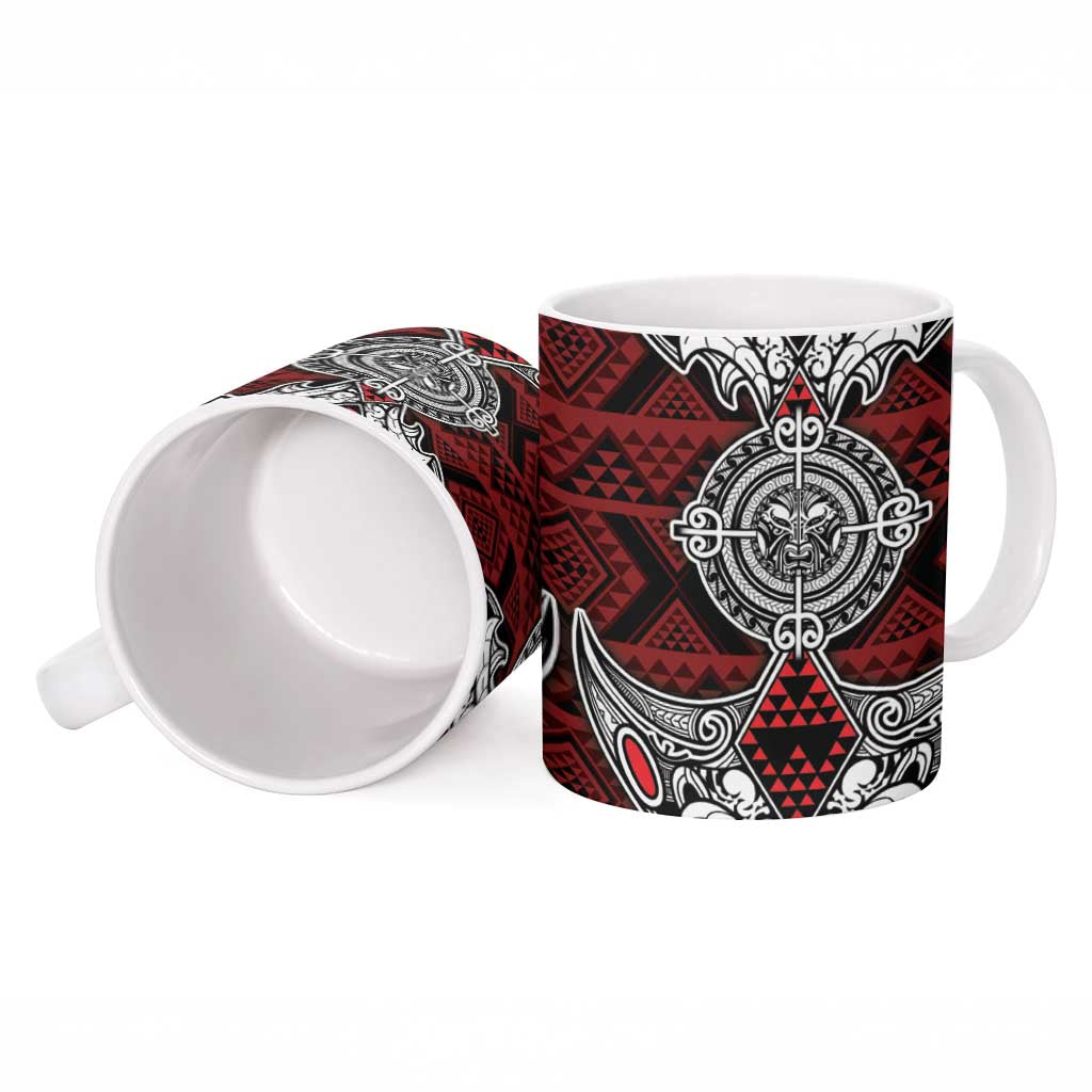 Red Aotearoa Taniko Motif Ceramic Mug Vintage Maori New Zealand Tribal Art Pattern - Aussie Hoodie
