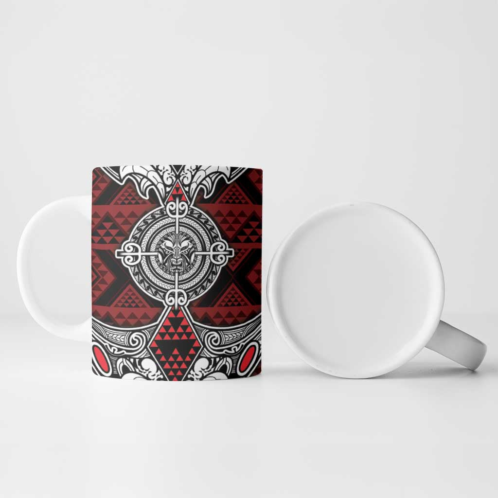 Red Aotearoa Taniko Motif Ceramic Mug Vintage Maori New Zealand Tribal Art Pattern - Aussie Hoodie