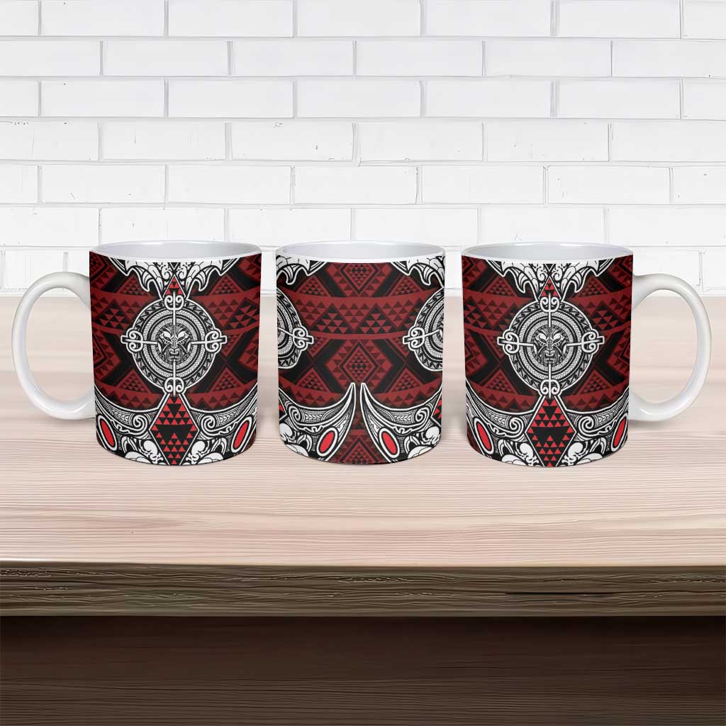 Red Aotearoa Taniko Motif Ceramic Mug Vintage Maori New Zealand Tribal Art Pattern - Aussie Hoodie