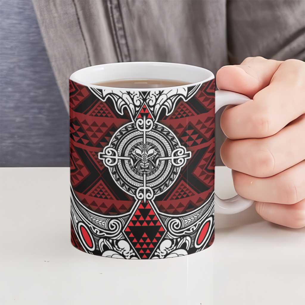 Red Aotearoa Taniko Motif Ceramic Mug Vintage Maori New Zealand Tribal Art Pattern - Aussie Hoodie
