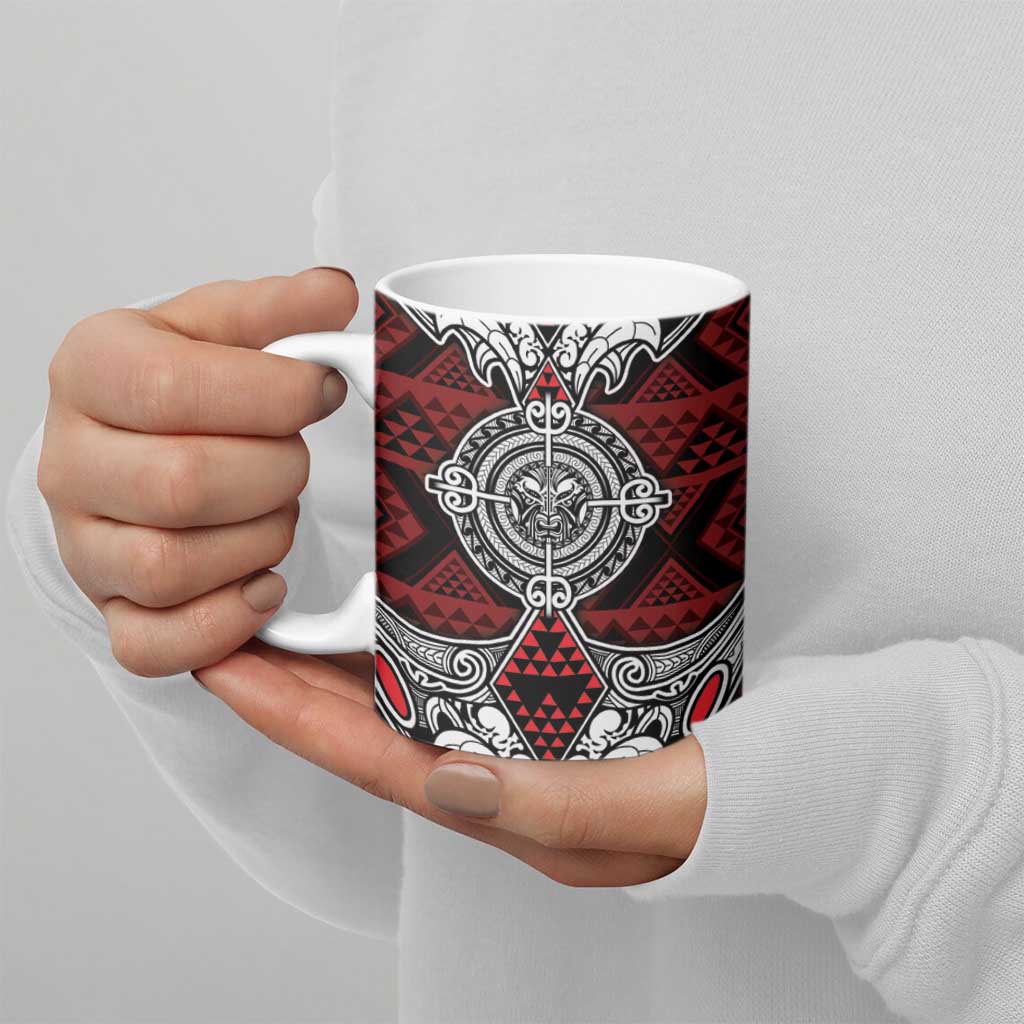 Red Aotearoa Taniko Motif Ceramic Mug Vintage Maori New Zealand Tribal Art Pattern - Aussie Hoodie