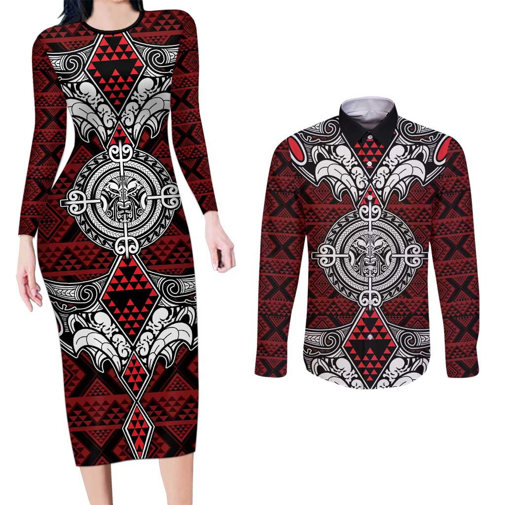 Red Aotearoa Tanilo Motif Couples Matching Long Sleeve Bodycon Dress and Long Sleeve Button Shirt Vintage Maori New Zealand Tribal Art Pattern