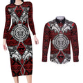 Red Aotearoa Tanilo Motif Couples Matching Long Sleeve Bodycon Dress and Long Sleeve Button Shirt Vintage Maori New Zealand Tribal Art Pattern