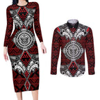 Red Aotearoa Tanilo Motif Couples Matching Long Sleeve Bodycon Dress and Long Sleeve Button Shirt Vintage Maori New Zealand Tribal Art Pattern