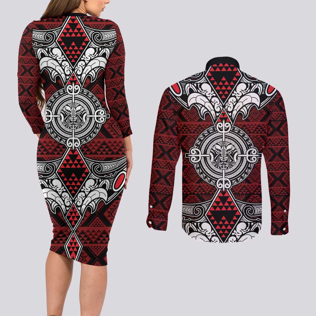 Red Aotearoa Tanilo Motif Couples Matching Long Sleeve Bodycon Dress and Long Sleeve Button Shirt Vintage Maori New Zealand Tribal Art Pattern