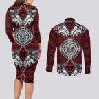 Red Aotearoa Tanilo Motif Couples Matching Long Sleeve Bodycon Dress and Long Sleeve Button Shirt Vintage Maori New Zealand Tribal Art Pattern