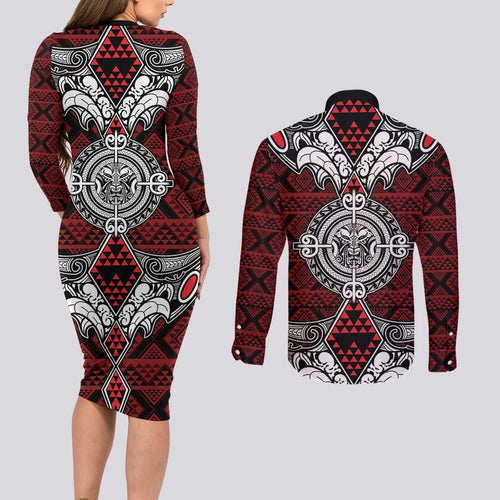 Red Aotearoa Tanilo Motif Couples Matching Long Sleeve Bodycon Dress and Long Sleeve Button Shirt Vintage Maori New Zealand Tribal Art Pattern