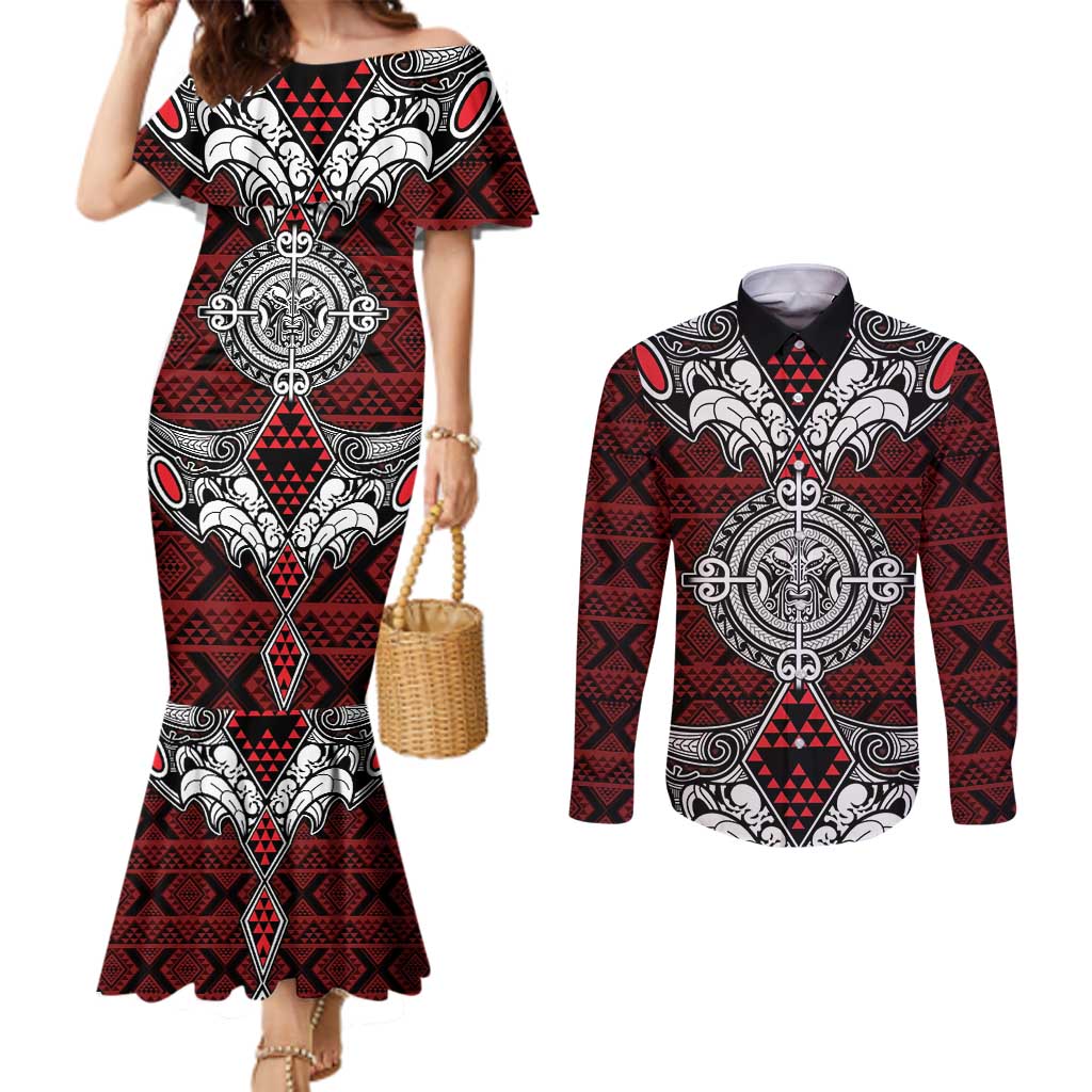 Red Aotearoa Tanilo Motif Couples Matching Mermaid Dress and Long Sleeve Button Shirt Vintage Maori New Zealand Tribal Art Pattern