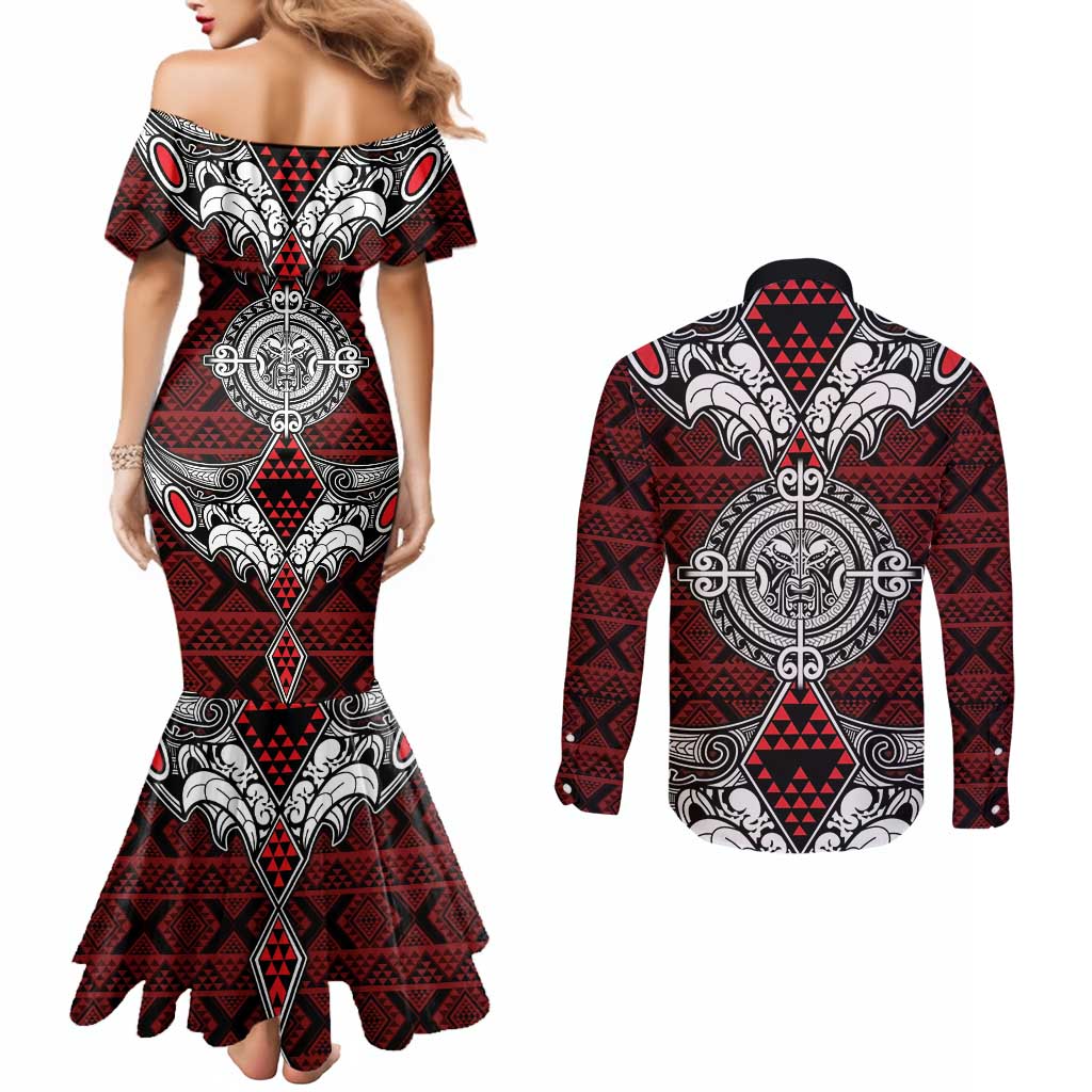 Red Aotearoa Tanilo Motif Couples Matching Mermaid Dress and Long Sleeve Button Shirt Vintage Maori New Zealand Tribal Art Pattern