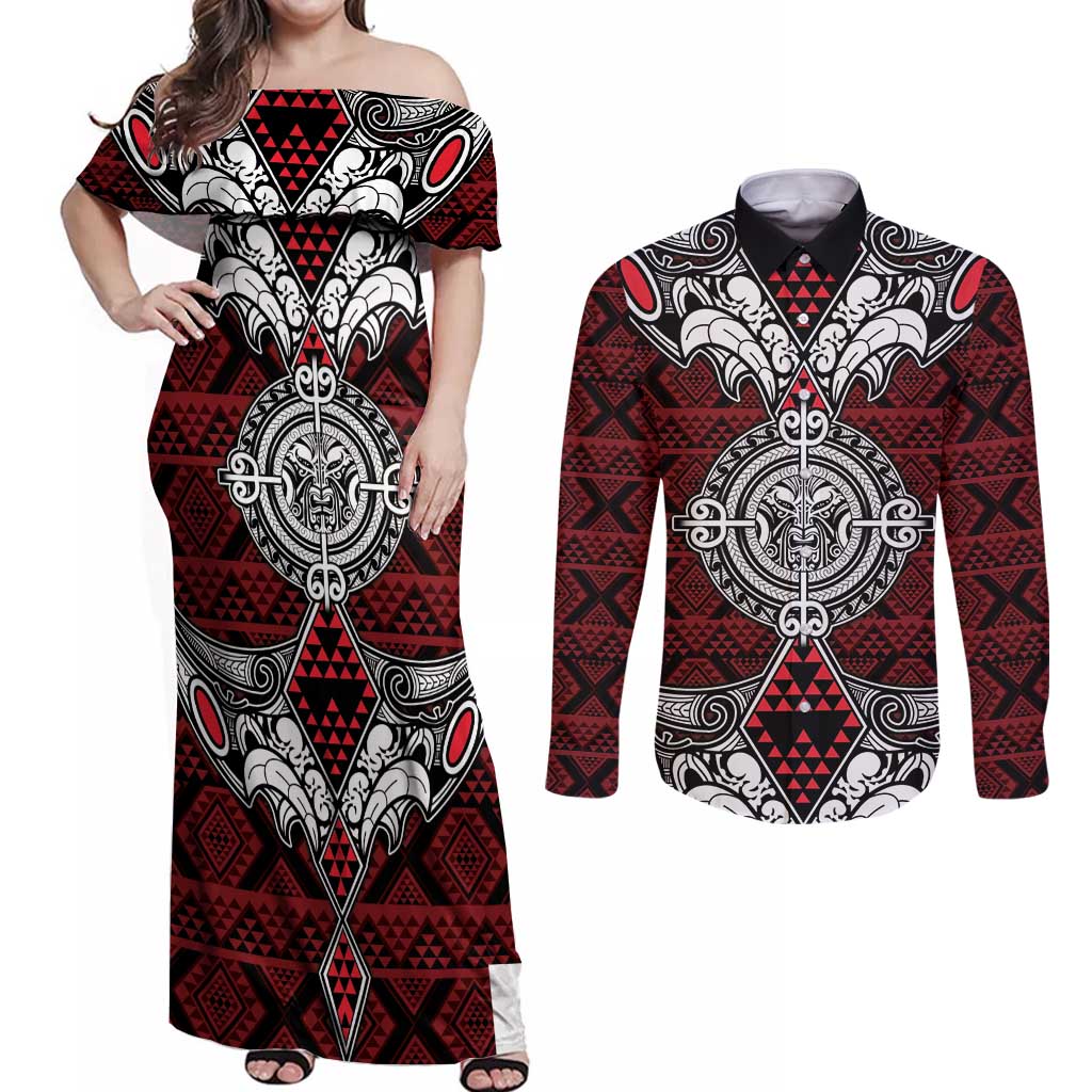 Red Aotearoa Tanilo Motif Couples Matching Off Shoulder Maxi Dress and Long Sleeve Button Shirt Vintage Maori New Zealand Tribal Art Pattern