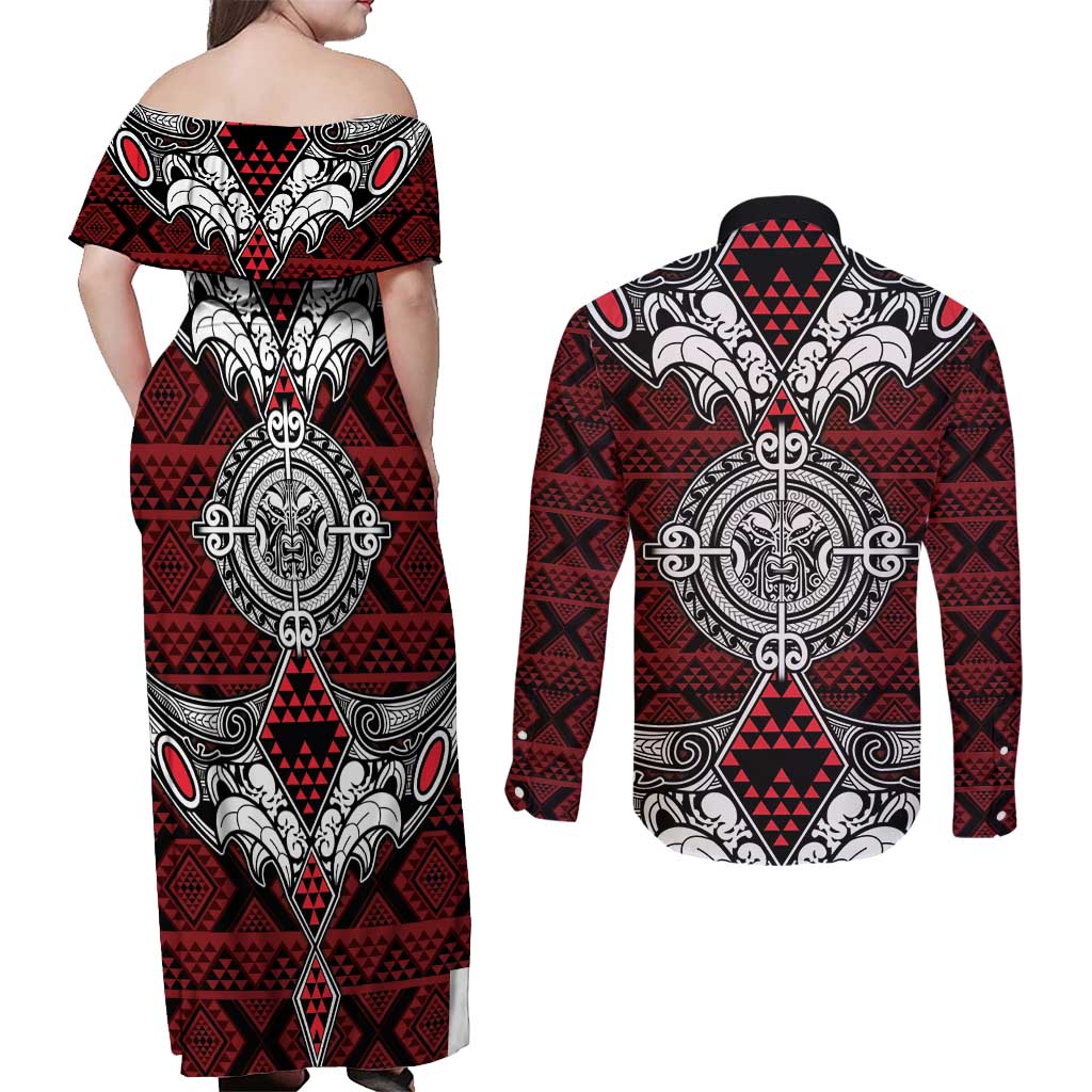 Red Aotearoa Tanilo Motif Couples Matching Off Shoulder Maxi Dress and Long Sleeve Button Shirt Vintage Maori New Zealand Tribal Art Pattern