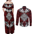 Red Aotearoa Tanilo Motif Couples Matching Off Shoulder Maxi Dress and Long Sleeve Button Shirt Vintage Maori New Zealand Tribal Art Pattern