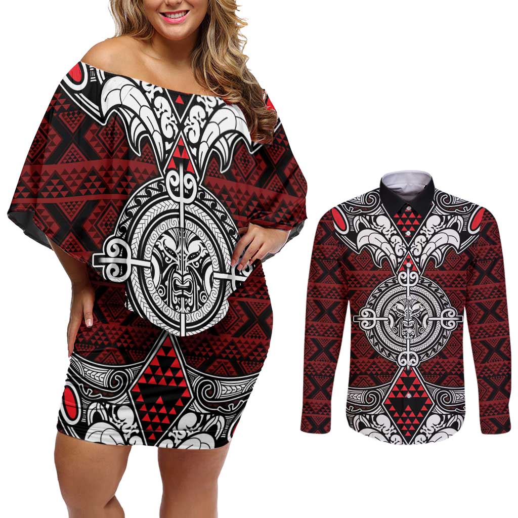 Red Aotearoa Tanilo Motif Couples Matching Off Shoulder Short Dress and Long Sleeve Button Shirt Vintage Maori New Zealand Tribal Art Pattern