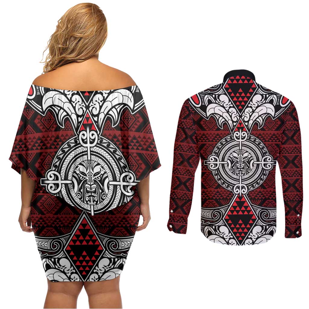 Red Aotearoa Tanilo Motif Couples Matching Off Shoulder Short Dress and Long Sleeve Button Shirt Vintage Maori New Zealand Tribal Art Pattern