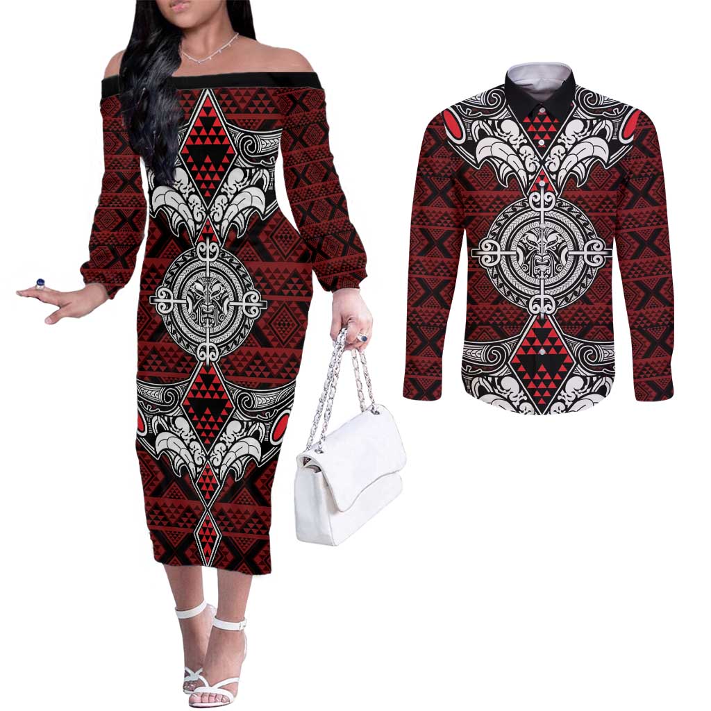 Red Aotearoa Tanilo Motif Couples Matching Off The Shoulder Long Sleeve Dress and Long Sleeve Button Shirt Vintage Maori New Zealand Tribal Art Pattern