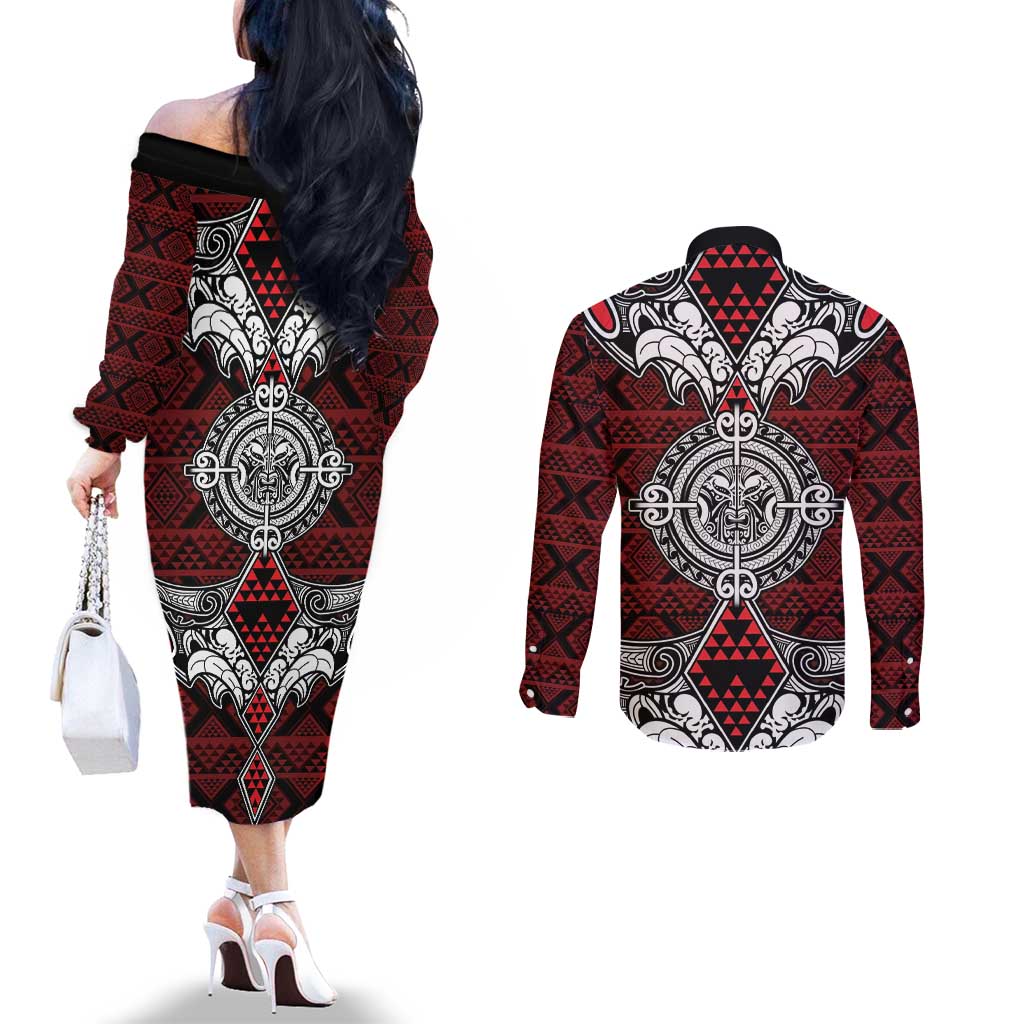 Red Aotearoa Tanilo Motif Couples Matching Off The Shoulder Long Sleeve Dress and Long Sleeve Button Shirt Vintage Maori New Zealand Tribal Art Pattern