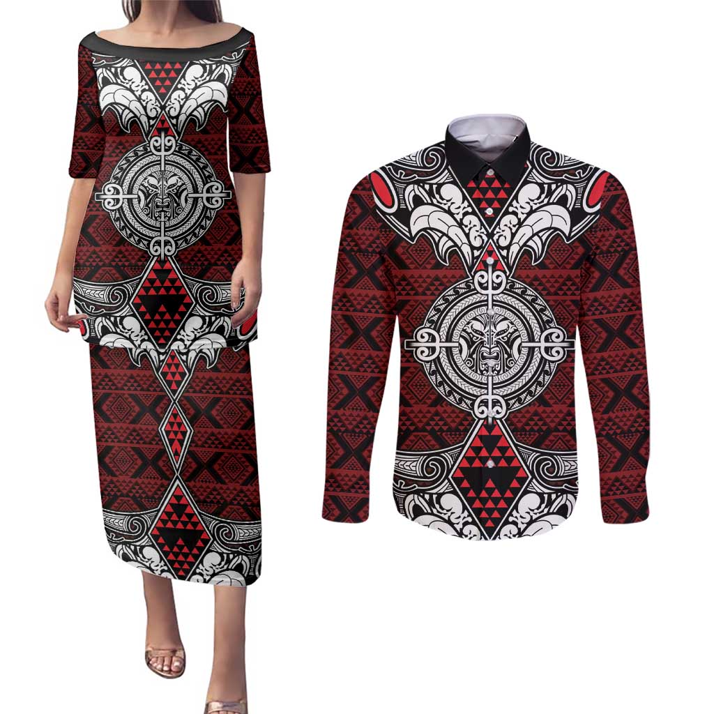 Red Aotearoa Tanilo Motif Couples Matching Puletasi and Long Sleeve Button Shirt Vintage Maori New Zealand Tribal Art Pattern