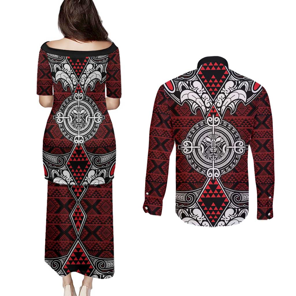 Red Aotearoa Tanilo Motif Couples Matching Puletasi and Long Sleeve Button Shirt Vintage Maori New Zealand Tribal Art Pattern