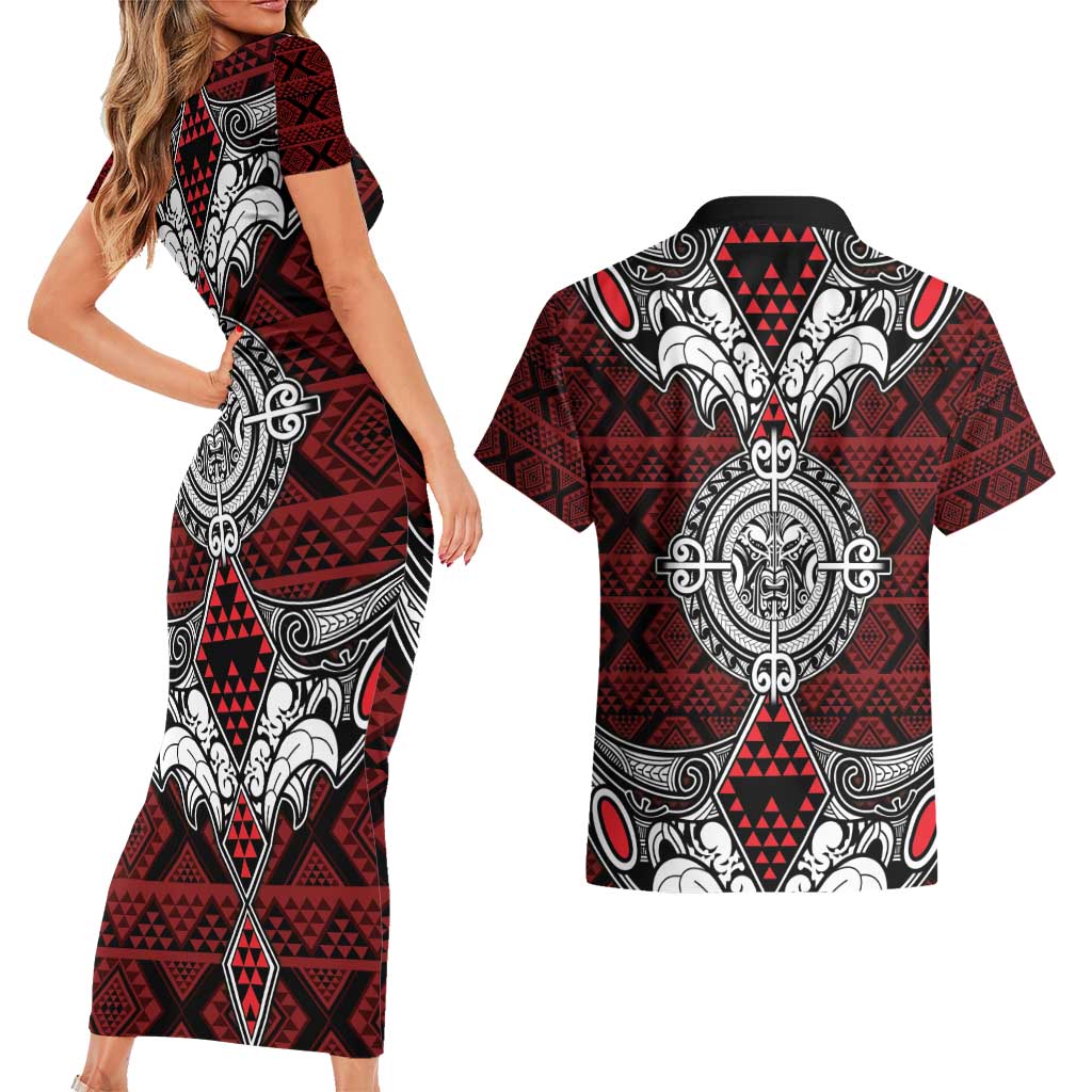 Red Aotearoa Tanilo Motif Couples Matching Short Sleeve Bodycon Dress and Hawaiian Shirt Vintage Maori New Zealand Tribal Art Pattern