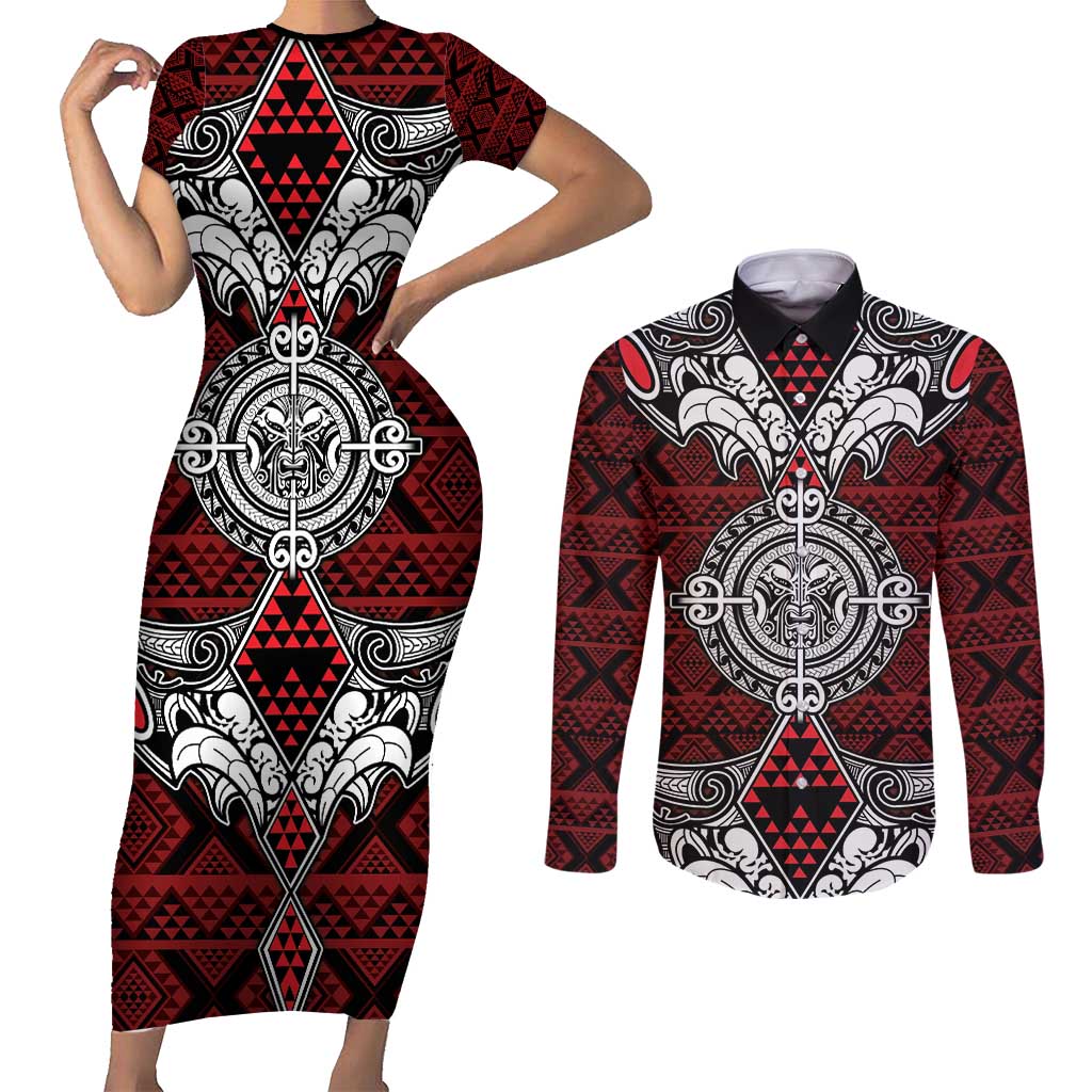 Red Aotearoa Tanilo Motif Couples Matching Short Sleeve Bodycon Dress and Long Sleeve Button Shirt Vintage Maori New Zealand Tribal Art Pattern