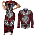 Red Aotearoa Tanilo Motif Couples Matching Short Sleeve Bodycon Dress and Long Sleeve Button Shirt Vintage Maori New Zealand Tribal Art Pattern