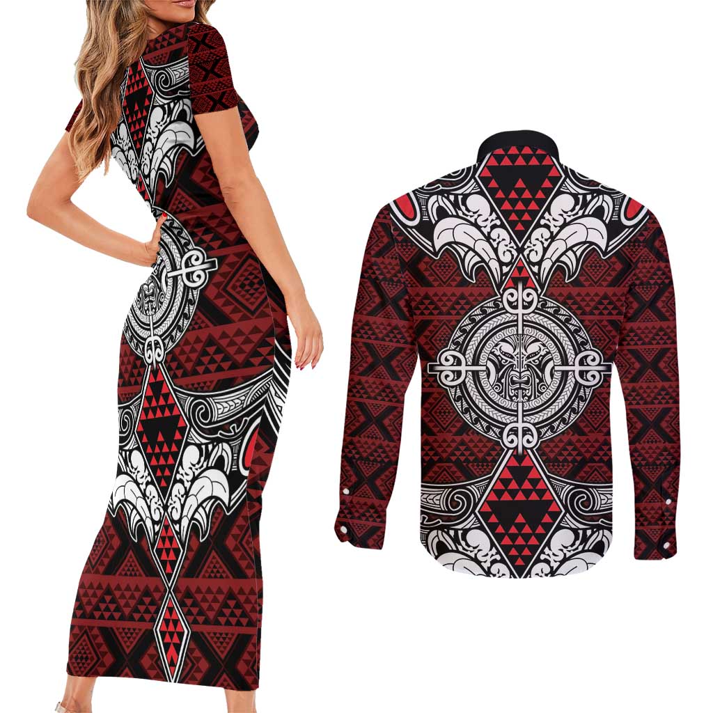 Red Aotearoa Tanilo Motif Couples Matching Short Sleeve Bodycon Dress and Long Sleeve Button Shirt Vintage Maori New Zealand Tribal Art Pattern