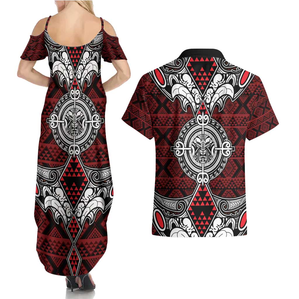 Red Aotearoa Tanilo Motif Couples Matching Summer Maxi Dress and Hawaiian Shirt Vintage Maori New Zealand Tribal Art Pattern