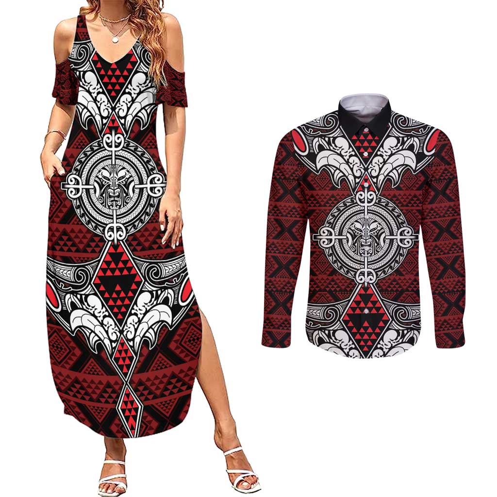 Red Aotearoa Tanilo Motif Couples Matching Summer Maxi Dress and Long Sleeve Button Shirt Vintage Maori New Zealand Tribal Art Pattern