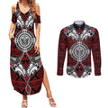 Red Aotearoa Tanilo Motif Couples Matching Summer Maxi Dress and Long Sleeve Button Shirt Vintage Maori New Zealand Tribal Art Pattern