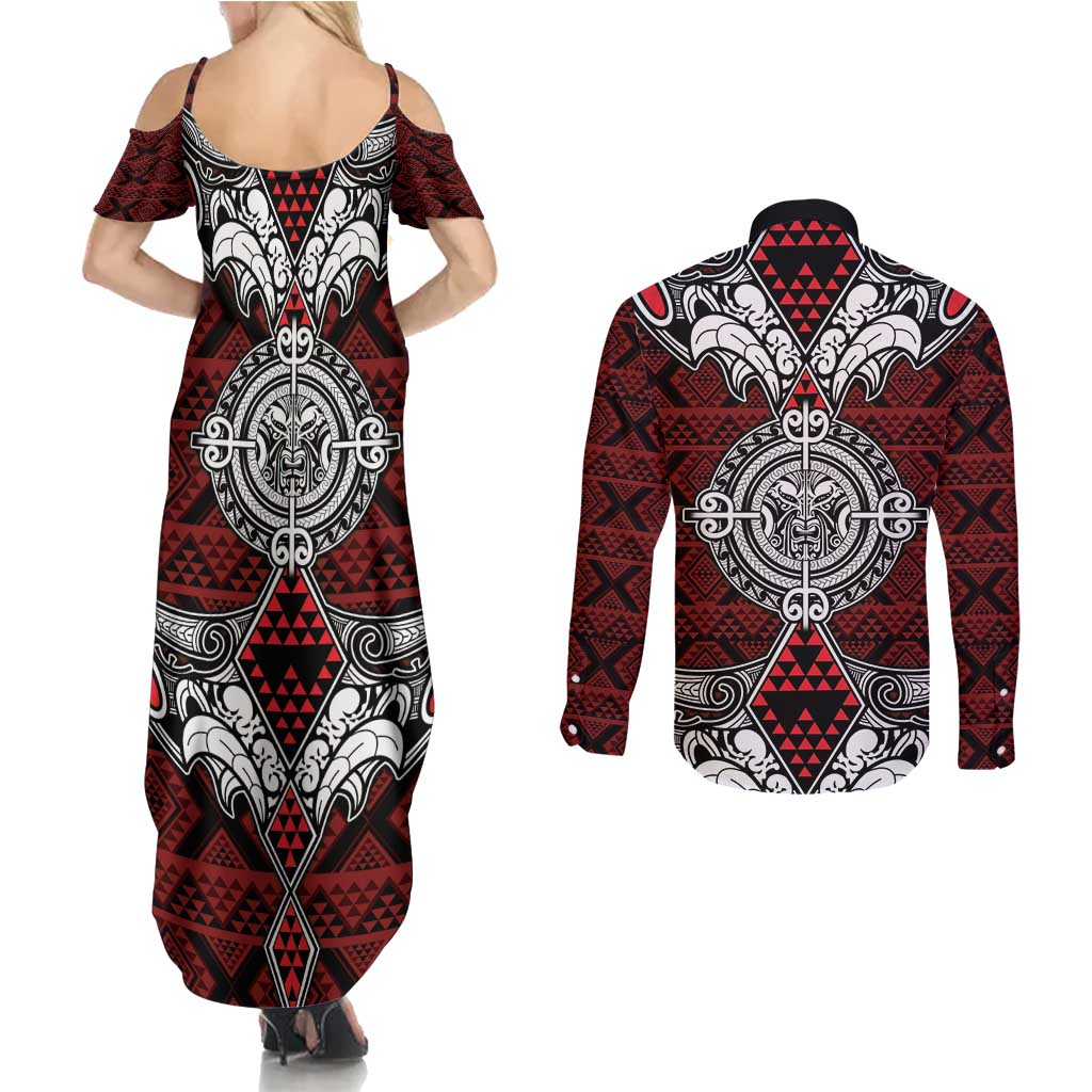 Red Aotearoa Tanilo Motif Couples Matching Summer Maxi Dress and Long Sleeve Button Shirt Vintage Maori New Zealand Tribal Art Pattern