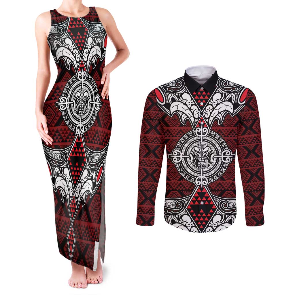 Red Aotearoa Tanilo Motif Couples Matching Tank Maxi Dress and Long Sleeve Button Shirt Vintage Maori New Zealand Tribal Art Pattern