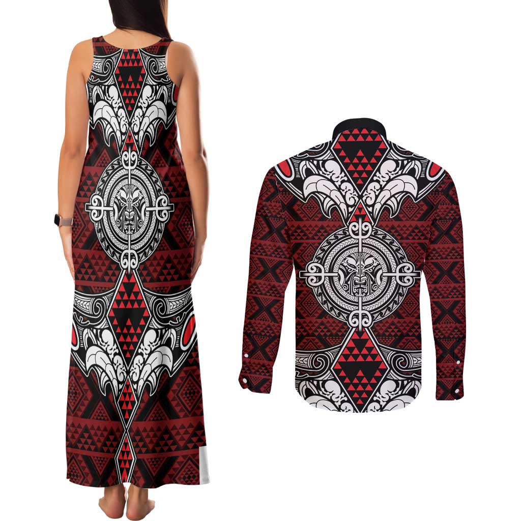 Red Aotearoa Tanilo Motif Couples Matching Tank Maxi Dress and Long Sleeve Button Shirt Vintage Maori New Zealand Tribal Art Pattern