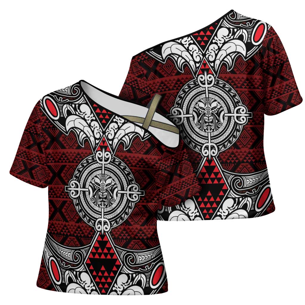 Red Aotearoa Taniko Motif Cross Shoulder Shirt Vintage Maori New Zealand Tribal Art Pattern - Aussie Hoodie