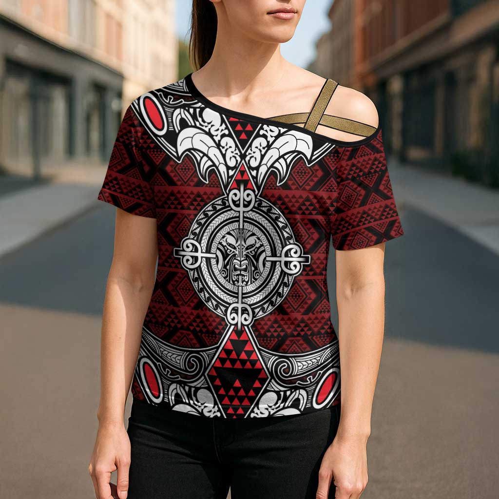 Red Aotearoa Taniko Motif Cross Shoulder Shirt Vintage Maori New Zealand Tribal Art Pattern - Aussie Hoodie