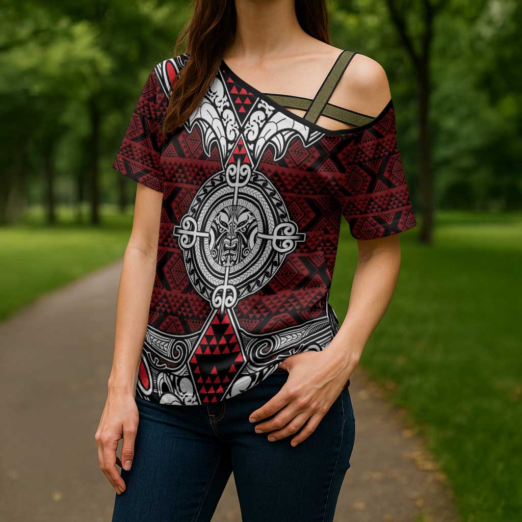 Red Aotearoa Taniko Motif Cross Shoulder Shirt Vintage Maori New Zealand Tribal Art Pattern - Aussie Hoodie