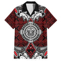 Red Aotearoa Tanilo Motif Family Matching Off Shoulder Maxi Dress and Hawaiian Shirt Vintage Maori New Zealand Tribal Art Pattern