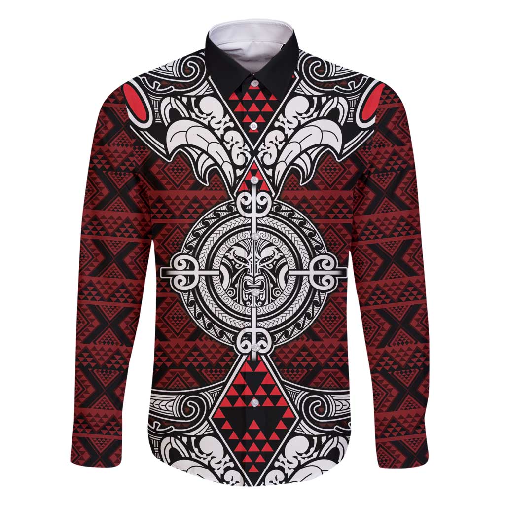 Red Aotearoa Tanilo Motif Family Matching Off Shoulder Maxi Dress and Hawaiian Shirt Vintage Maori New Zealand Tribal Art Pattern