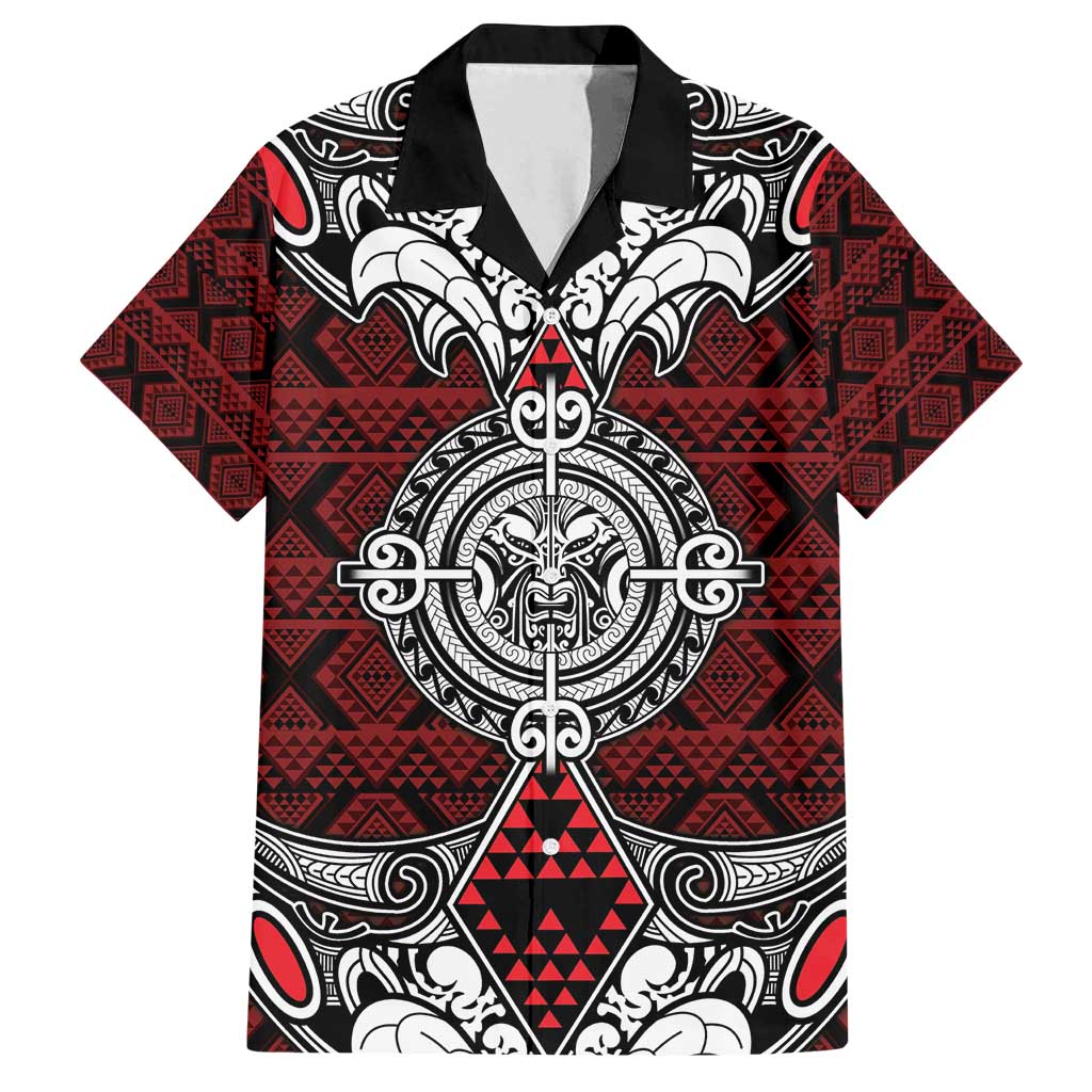 Red Aotearoa Tanilo Motif Family Matching Off Shoulder Short Dress and Hawaiian Shirt Vintage Maori New Zealand Tribal Art Pattern