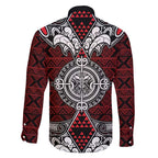 Red Aotearoa Tanilo Motif Family Matching Off Shoulder Short Dress and Hawaiian Shirt Vintage Maori New Zealand Tribal Art Pattern