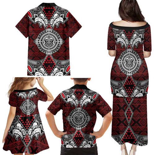 Red Aotearoa Tanilo Motif Family Matching Puletasi and Hawaiian Shirt Vintage Maori New Zealand Tribal Art Pattern