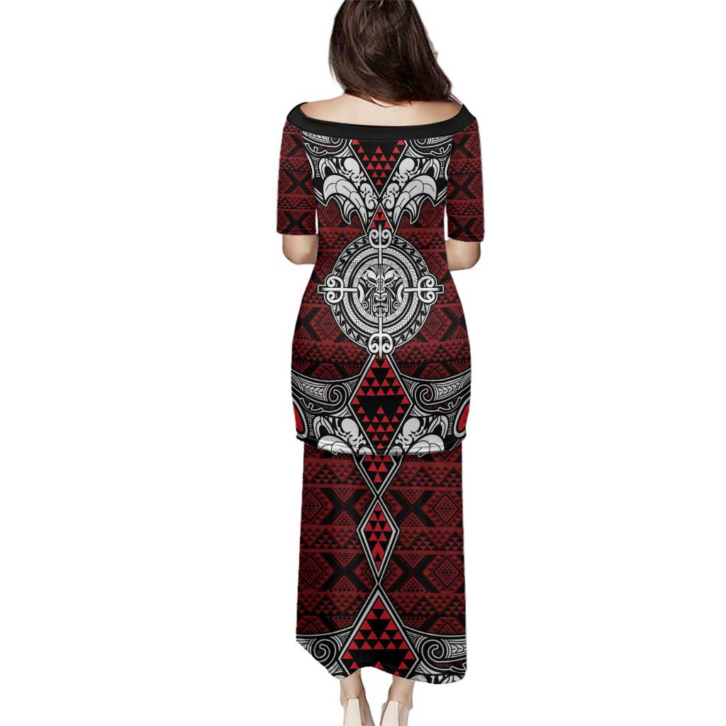 Red Aotearoa Tanilo Motif Family Matching Puletasi and Hawaiian Shirt Vintage Maori New Zealand Tribal Art Pattern
