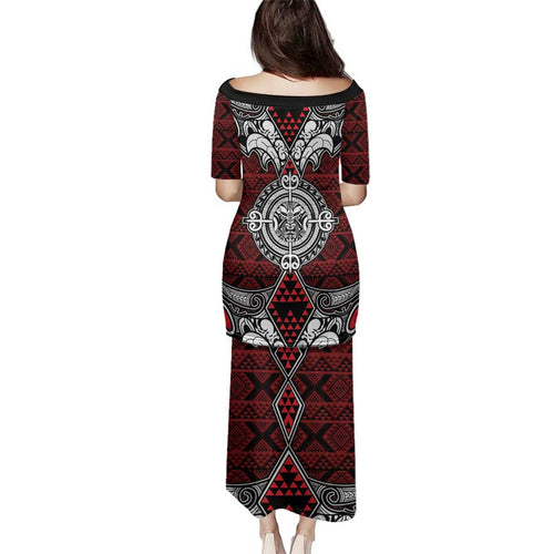 Red Aotearoa Tanilo Motif Family Matching Puletasi and Hawaiian Shirt Vintage Maori New Zealand Tribal Art Pattern