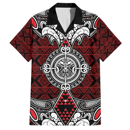 Red Aotearoa Tanilo Motif Family Matching Summer Maxi Dress and Hawaiian Shirt Vintage Maori New Zealand Tribal Art Pattern