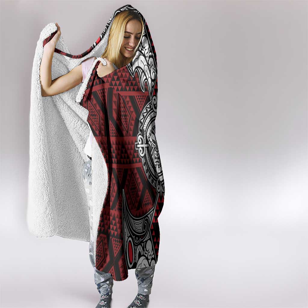 Red Aotearoa Taniko Motif Hooded Blanket Vintage Maori New Zealand Tribal Art Pattern