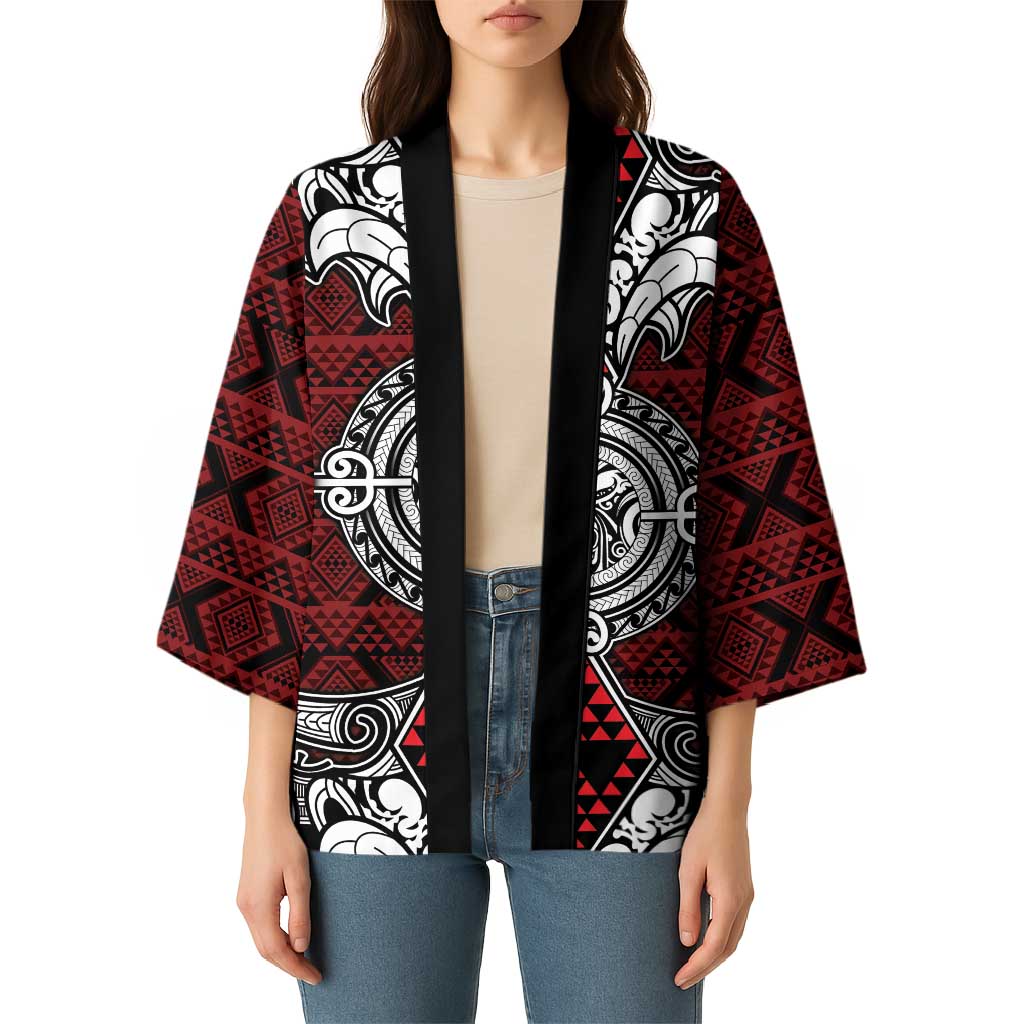 Red Aotearoa Taniko Motif Kimono Vintage Maori New Zealand Tribal Art Pattern - Aussie Hoodie