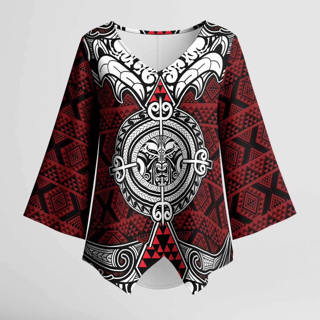 Red Aotearoa Taniko Motif Kimono Sleeve Blouse Vintage Maori New Zealand Tribal Art Pattern - Aussie Hoodie