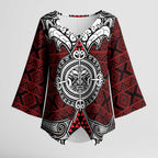 Red Aotearoa Taniko Motif Kimono Sleeve Blouse Vintage Maori New Zealand Tribal Art Pattern - Aussie Hoodie